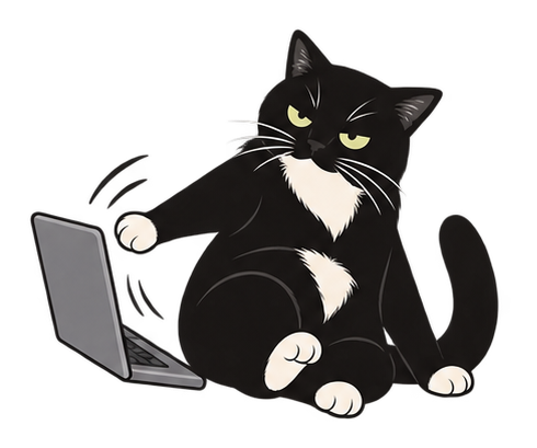 Lucyna narysowana odpycha łapą laptop.